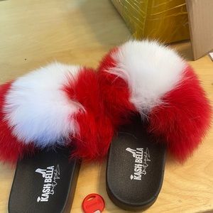 Red & White Faux Fur Slides
